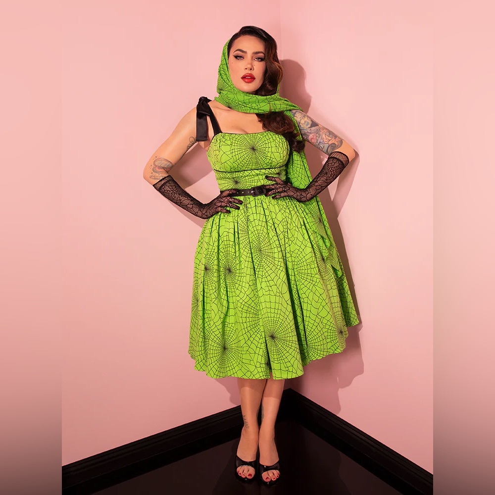 NWT XL 1950S SWING SUNDRESS IN SLIME GREEN SPIDER WEB PRINT BY MICHELINE PITT